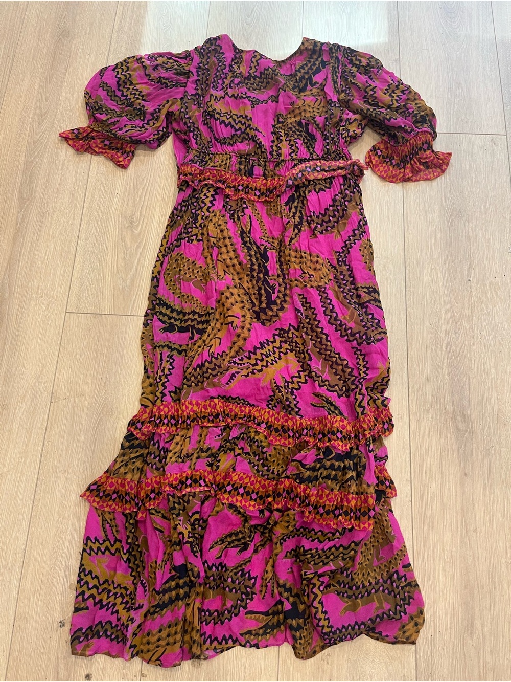 FARM Rio Fuchsia Pink and Brown Abstract Print V-Neck Dress Maxi L Large Chiffon - Picture 8 of 8